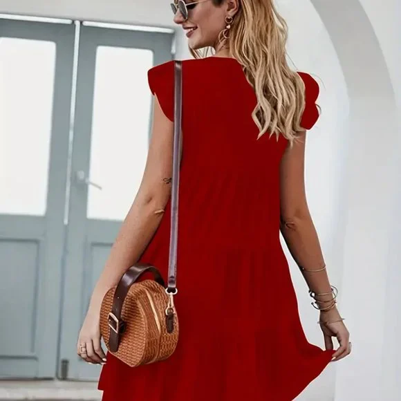 Red Solid Ruffle Trim Dress, Elegant Crew Neck Dress - Picture 3 of 5